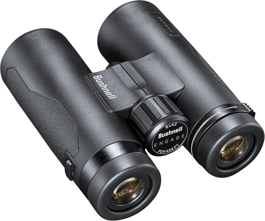 Black binoculars with Bushnell branding on a white background