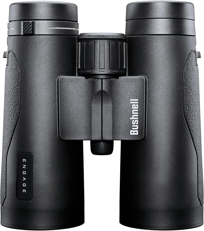 Black binoculars with 'Bushnell' branding on a white background