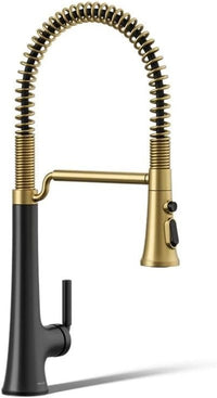 Kitchen faucet with black and gold design on a white background