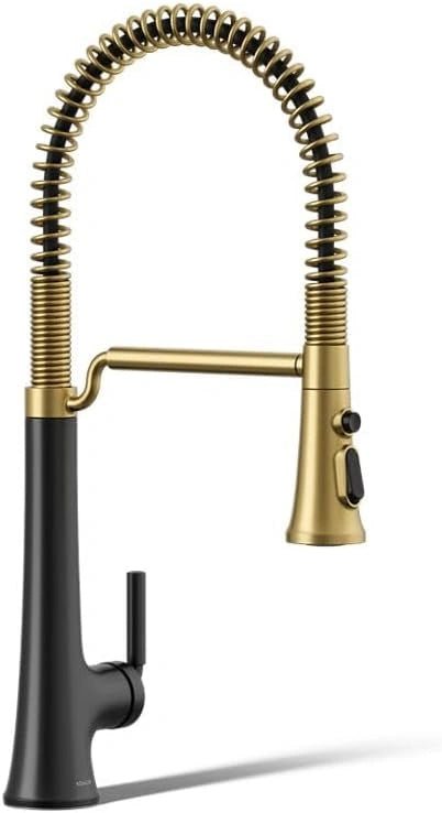 Kitchen faucet with black and gold design on a white background