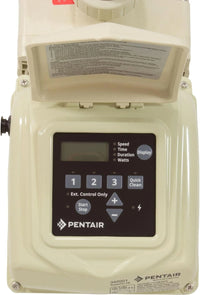 Pentair pool pump control panel with digital display and buttons on a white background