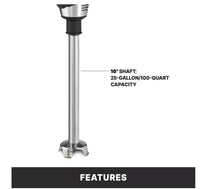 Waring Commercial Big Stix WSB60 Heavy-Duty Immersion Blender, 16″ Removable Shaft, Variable Speed, 1 HP Motor, 25-Gallon Capacity – Black/Silver, 120 V