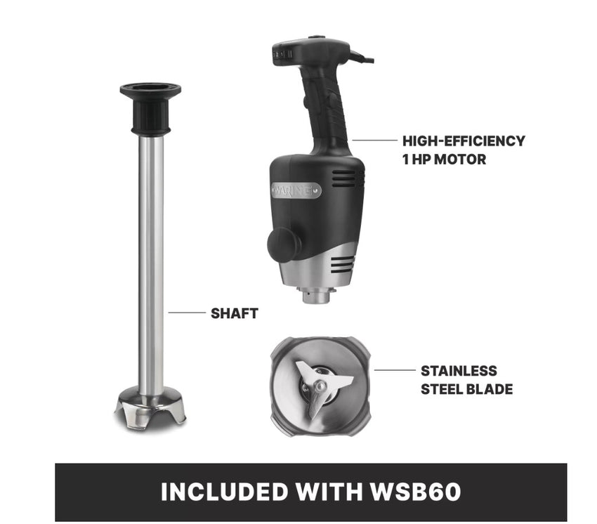 Waring Commercial Big Stix WSB60 Heavy-Duty Immersion Blender, 16″ Removable Shaft, Variable Speed, 1 HP Motor, 25-Gallon Capacity – Black/Silver, 120 V