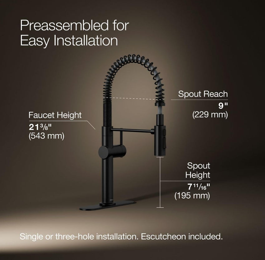 KOHLER 22973-BL Crue High-Arc Kitchen Faucet with Pull-Down Spring Spout, Matte Black