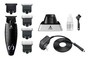 Andis hair trimmer set with attachments and accessories on a white background