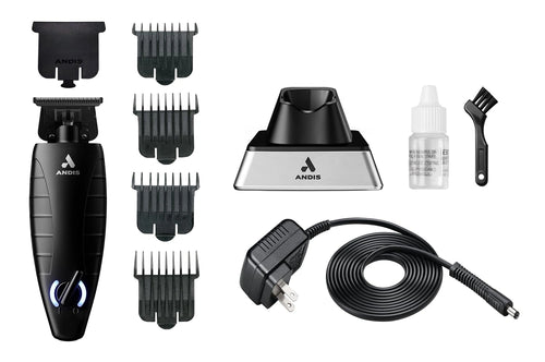 Andis hair trimmer set with attachments and accessories on a white background
