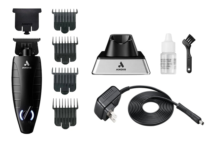 Andis hair trimmer set with attachments and accessories on a white background