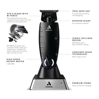 Andis hair trimmer with features highlighted on a white background