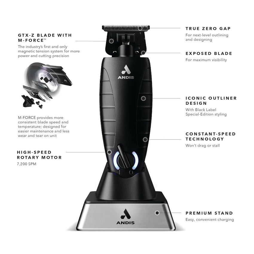 Andis hair trimmer with features highlighted on a white background