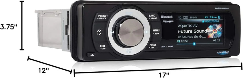 Car stereo with Bluetooth and USB inputs, displayed with dimensions.