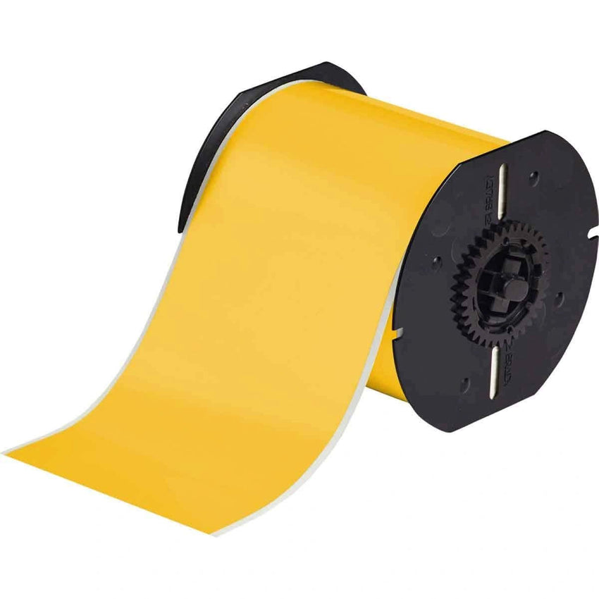 Yellow Vinyl Label Tape Roll with Black Reel on White Background
