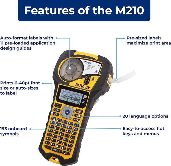 Brady M210 label printer with features highlighted on a white background