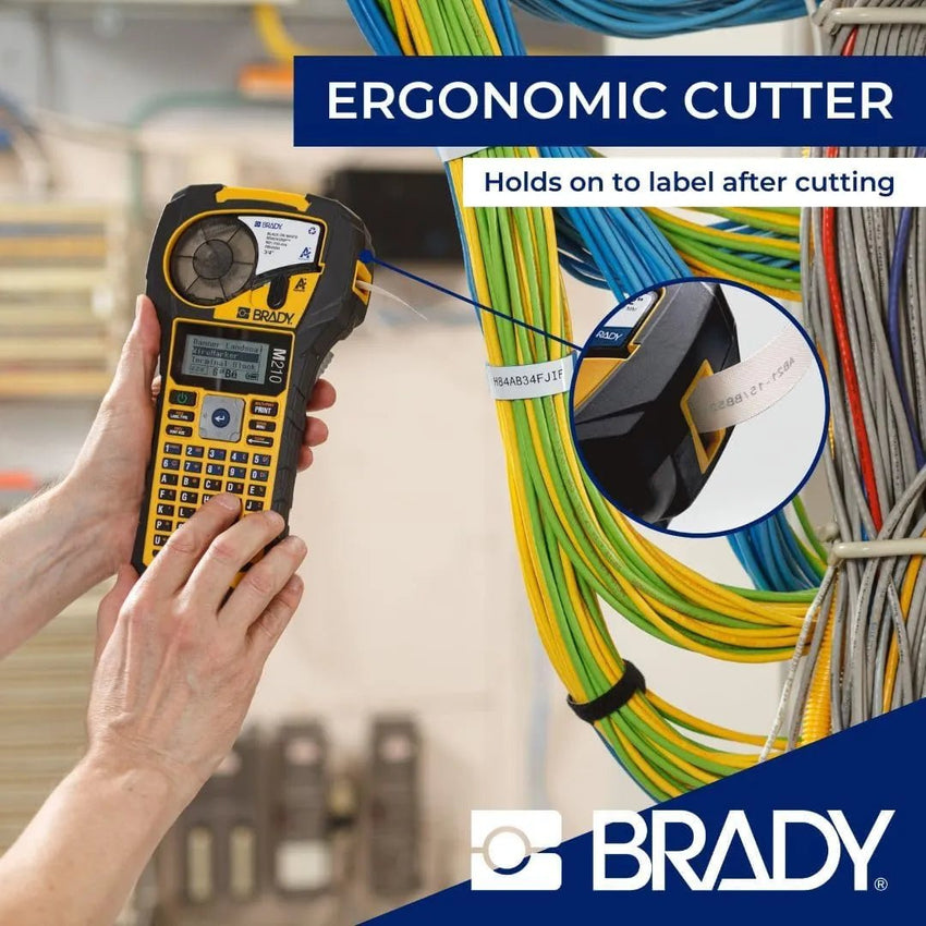 Brady M210 portable label printer with rubber bumpers, multi-line printing, 6–40 pt fonts, yellow/black design