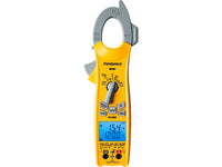 Yellow clamp meter with digital display on a white background