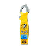 Yellow clamp meter with digital display on a white background
