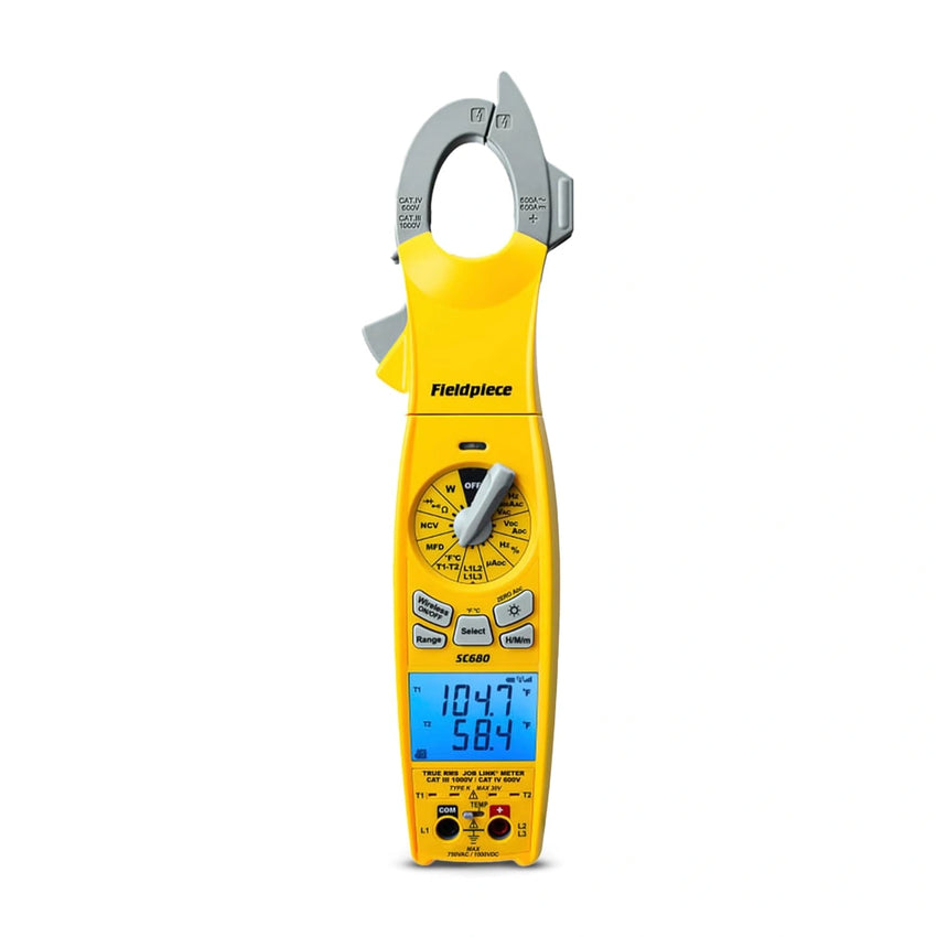 Yellow clamp meter with digital display on a white background