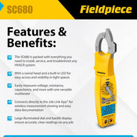 Yellow tick meter with digital display and features&benefits on a white background