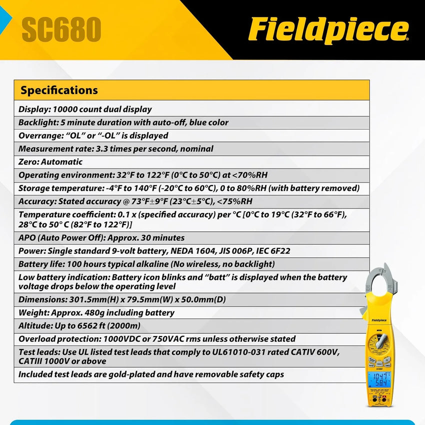 Yellow tick meter with digital display and specifications on a white background