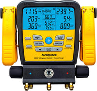 Fieldpiece refrigerant manifold and vacuum gauge with digital display on a white background