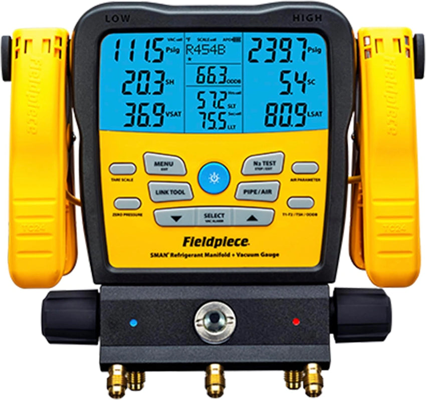 Fieldpiece refrigerant manifold and vacuum gauge with digital display on a white background