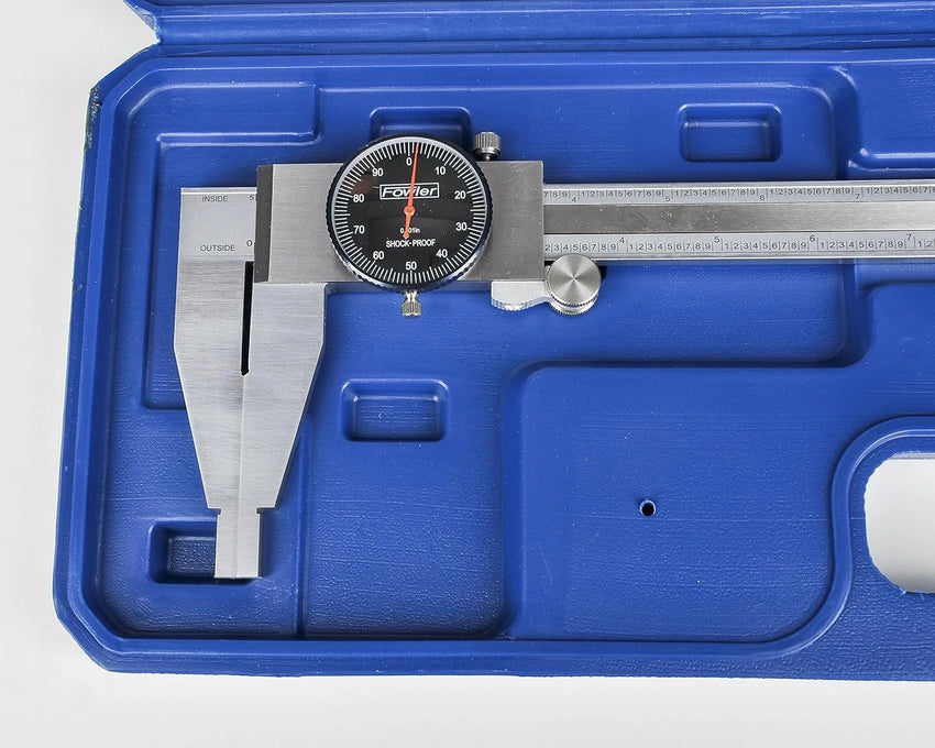 Digital caliper on a blue tool case with a white background