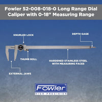 Fowler 52-008-018-0 long range dial caliper with labeled parts on a blue background