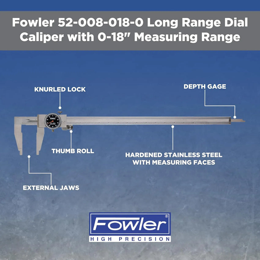 Fowler 52-008-018-0 long range dial caliper with labeled parts on a blue background