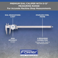 Fowler high precision dial caliper with specifications on a blue background