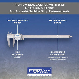Fowler high precision dial caliper with specifications on a blue background