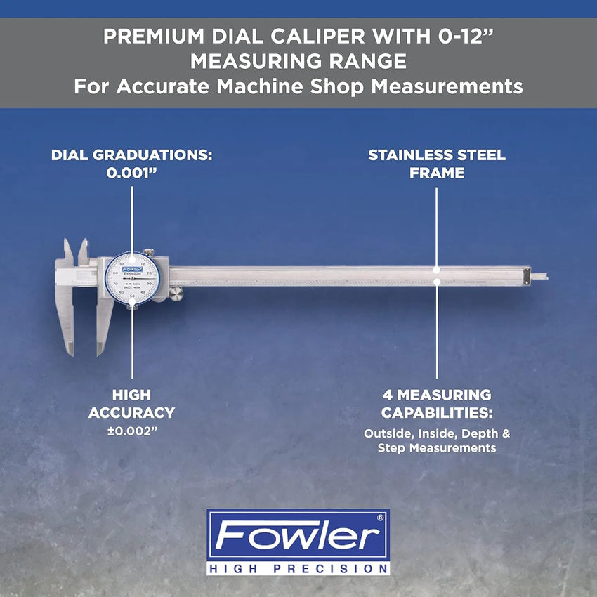 Fowler high precision dial caliper with specifications on a blue background