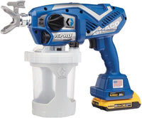 Blue and white paint sprayer with Dewalt battery on a white background