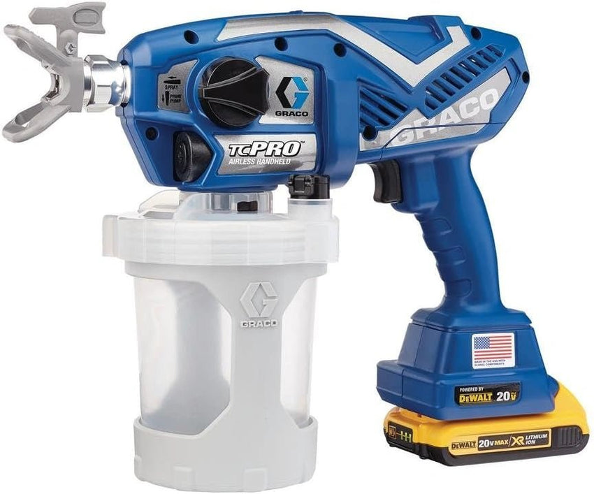 Blue and white paint sprayer with Dewalt battery on a white background