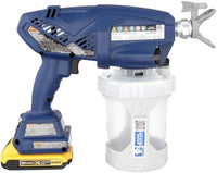 Blue and yellow power spray gun with white container on a white background