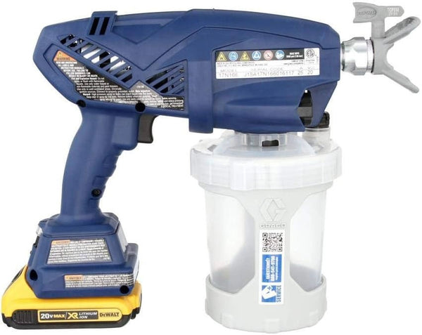 Blue and yellow power spray gun with white container on a white background