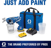 Graco paint sprayer kit with blue bag and accessories on a white background