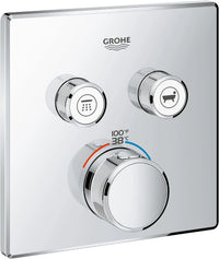 Grohe shower control panel with three knobs on a white background