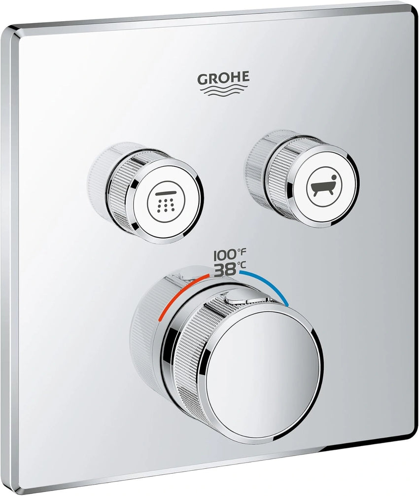Grohe shower control panel with three knobs on a white background