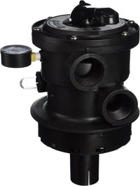 Black mechanical component with multiple ports and a gauge on a white background