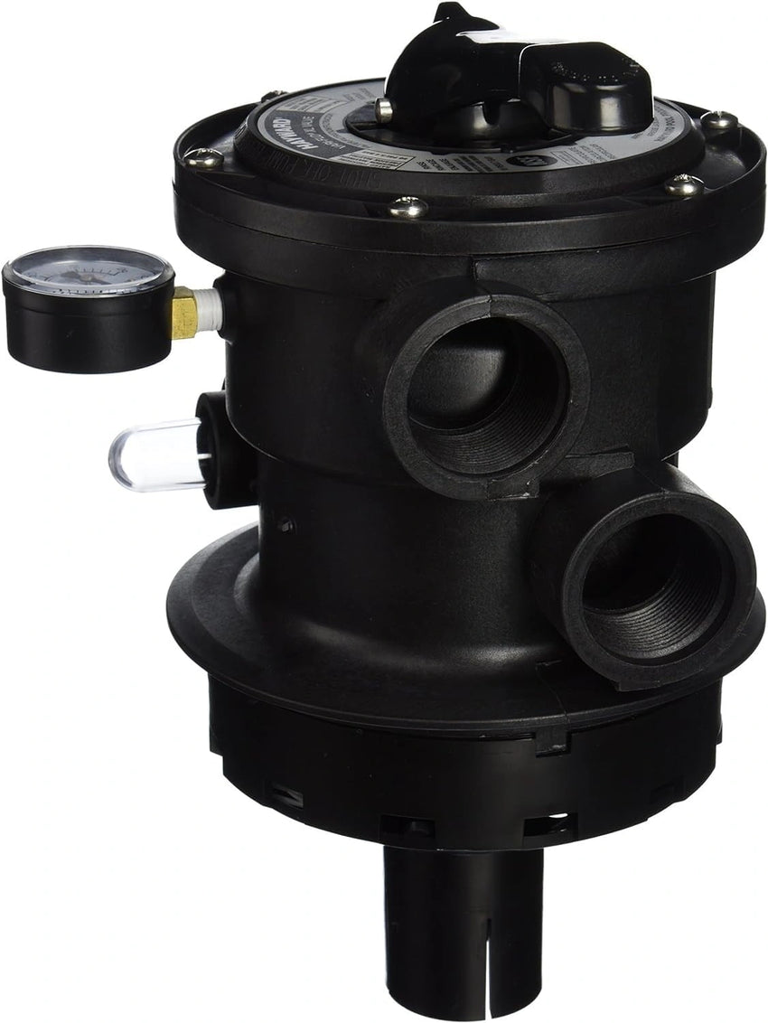 Black mechanical component with multiple ports and a gauge on a white background