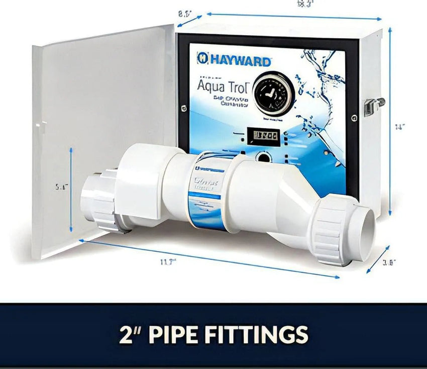 Hayward Aqua Trol salt chlorine generator with 2-inch pipe fittings on a white background