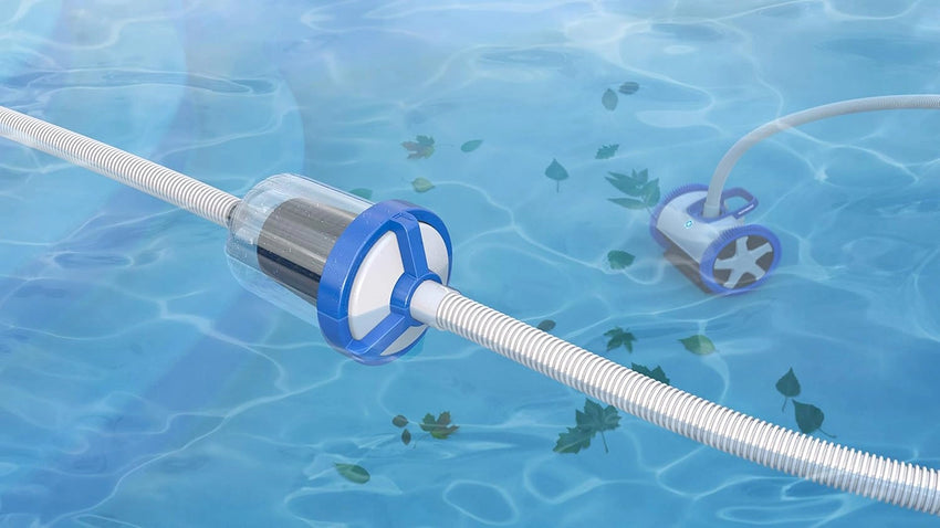 Pool cleaning device with hose in a pool