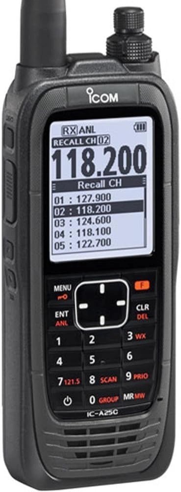 Black handheld radio with digital display and control buttons on a white background