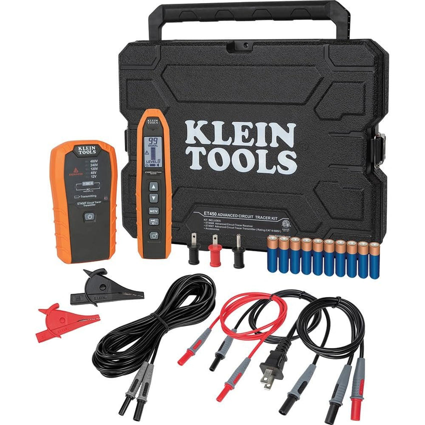 Klein Tools electrical testing kit with black carrying case and various components on a white background