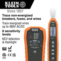 Klein Tools circuit tracer with features listed on a white background