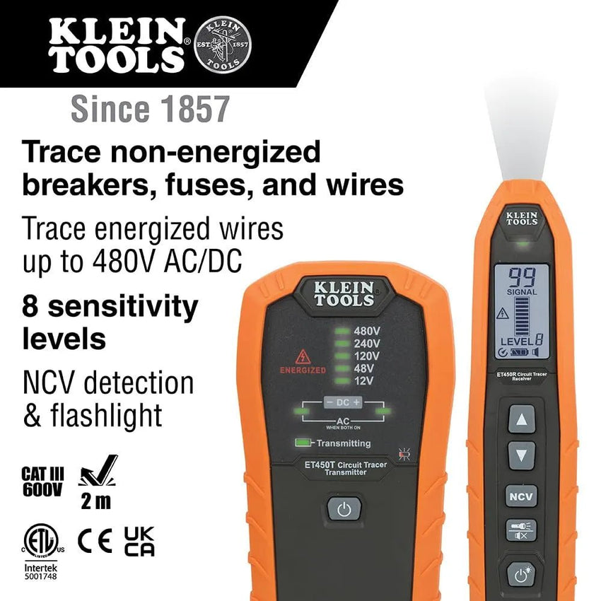 Klein Tools circuit tracer with features listed on a white background