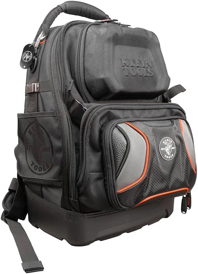 Black tool backpack with orange accents and Klein Tools branding on a white background