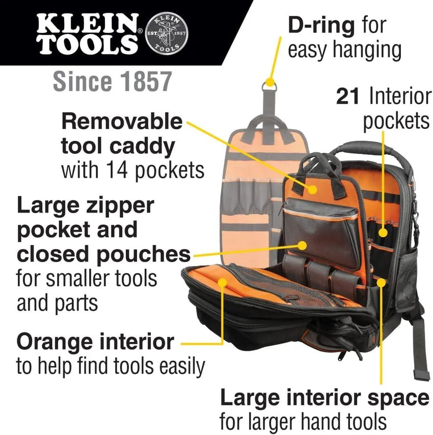 Klein Tools backpack with features highlighted on a white background