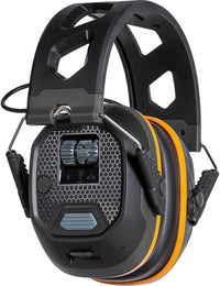 Black and orange ear protection headset on a white background