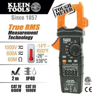Klein Tools digital clamp meter with specifications on a white background