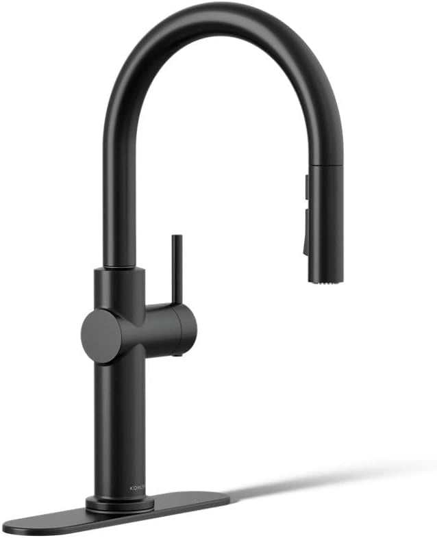 Black kitchen faucet on a white background
